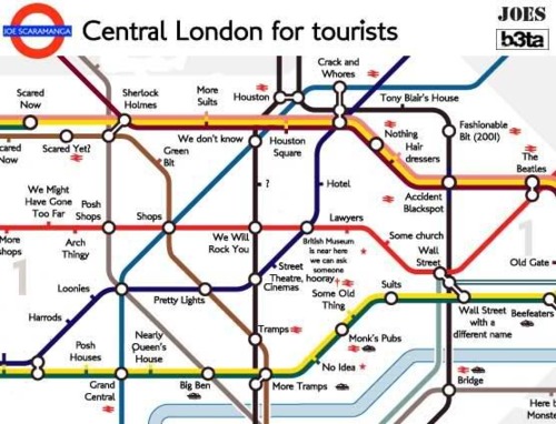 TUBE MAP OF CENTRAL LONDON FOR TOURISTS. Hilarious underground map.