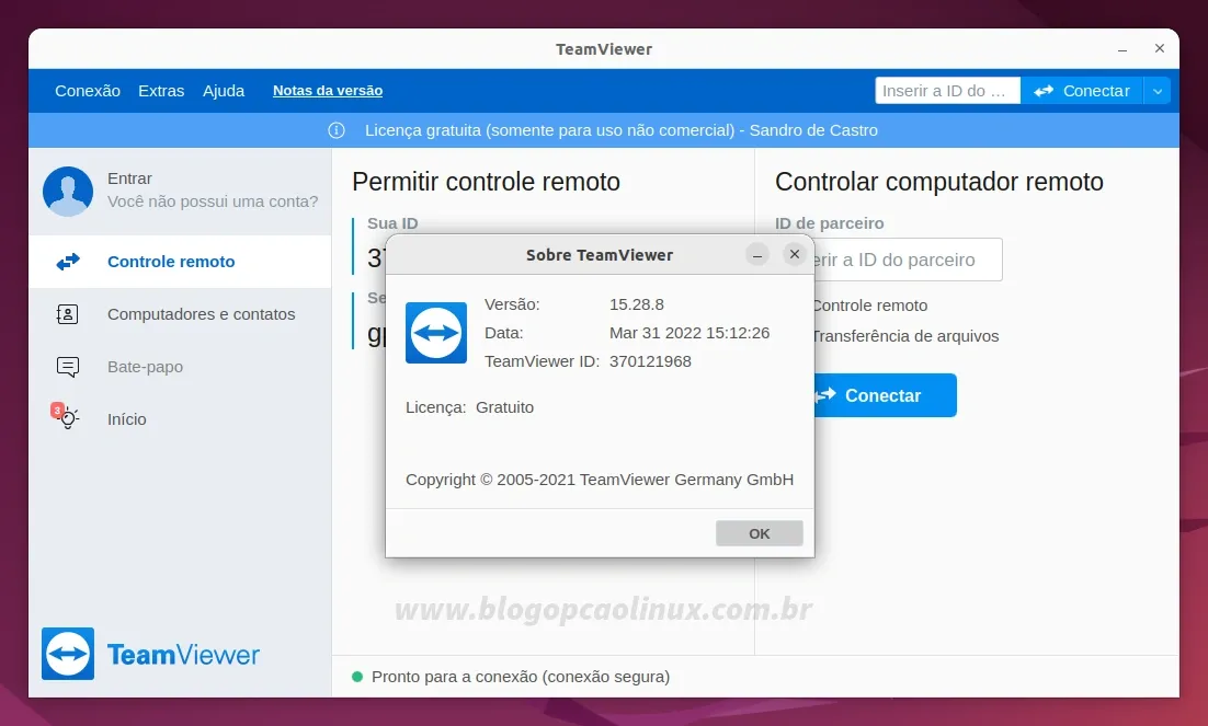 TeamViewer executando no Ubuntu 22.04 LTS (Jammy Jellyfish)