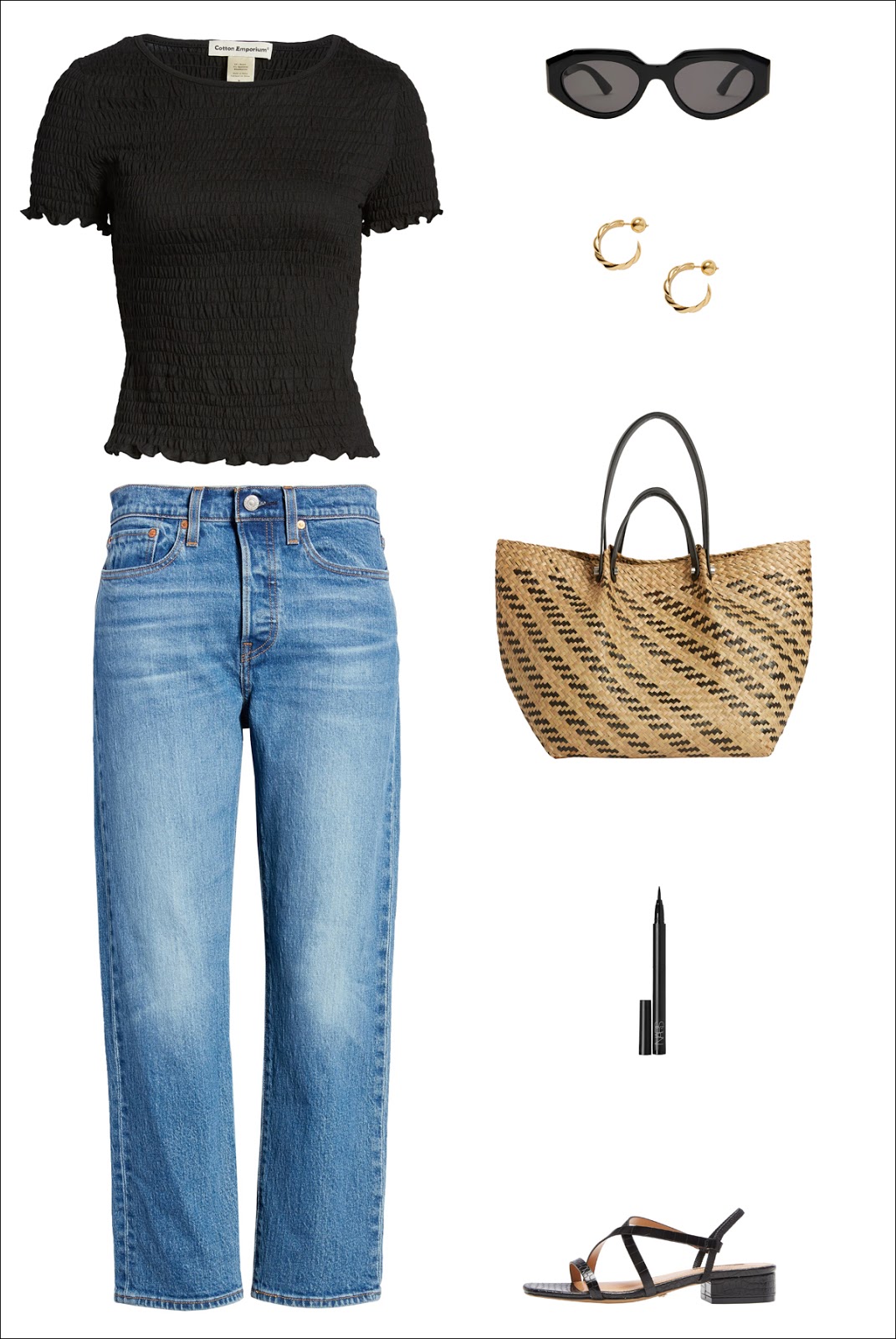 Casual-Chic Outfit Idea — black smocked t-shirt, cat-eye sunglasses, gold hoop earrings, a sleek straw tote bag, straight-leg jeans, and strappy sandals.