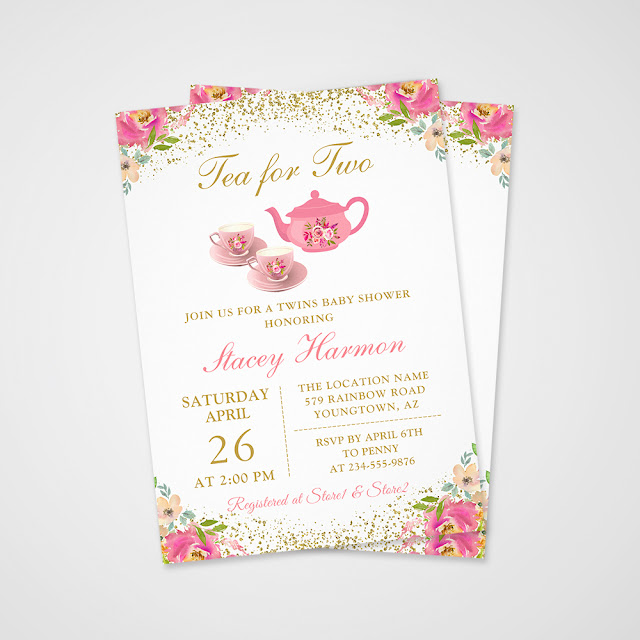  Twin Girls Tea Party Pink Gold Floral Baby Shower Card