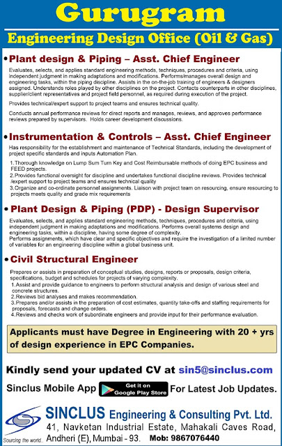 Gurugram, Sinclus Jobs, Plant Design  & Pipeing Engineer, Instrumentation & Controls Engineer, Civil Structural Engineer, Instrumentation Jobs, Instrumentation Engineer, Civil Jobs, Civil Engineer, 