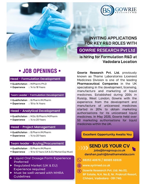 Gowrie Research Hiring For Head and Team Leader - Formulation