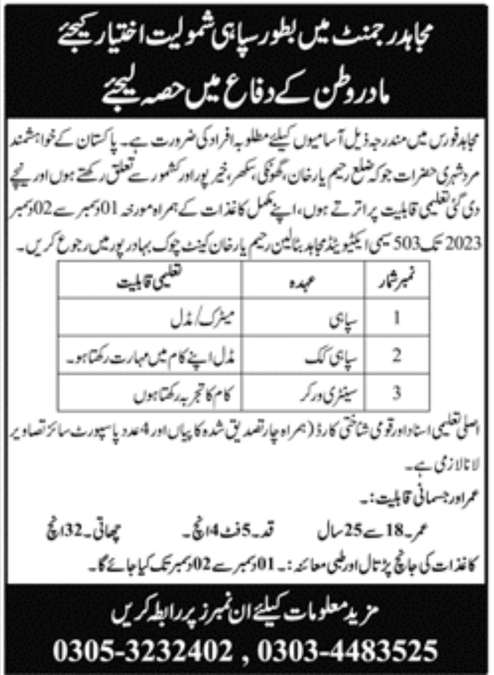 Pakistan Army Mujahid Force Jobs 2023 Regiment Sipahi