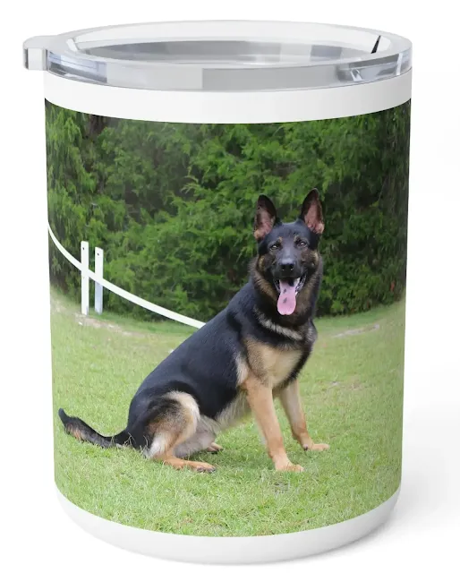 Insulated Stainless Steel Coffee Mug With European Black Over Tan Color German Shepherd Huge Head and Well-muscled Body
