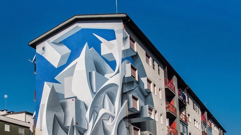 Formas abstractas y geométricas saltan de la pared en murales tridimensionales 