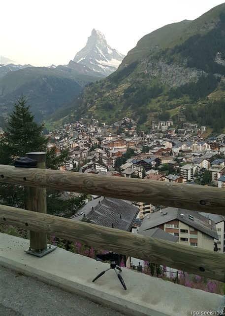 Canon G5X mounted on the Manfrotto Pixie Evo mini-tripod. Shooting the Matterhorn with Zermatt at dawn