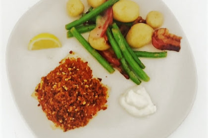 Baked Cod with a Chorizo Crumb served with New Potatoes, Parma Ham & Green Beans and Lemon Aioli