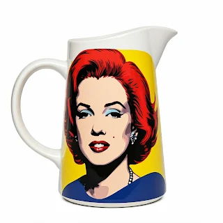 Resultado de ejecutae en Gemini el prompt "Imita el estilo de Andy Warhol en su pintura Shot Marilyns y dibuja una jarra de agua en tonos similares a la cuarta Marilyn del mencionado cuadro"