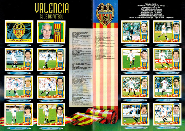 VALENCIA C. F. Temporada 1995-96. Escudo, Luis Aragonés (entrenador), Zubizarreta, Camarasa. Serer, Otero, Sietes, Romero. Mendieta, Fernando, Mijatović, Mazinho. José Ignacio, Iñaki, Eskurza, Gálvez.