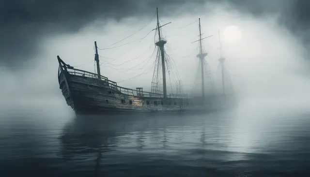 Haunting image of a ghost ship sailing through a foggy sea, evoking the mystery of abandoned vessels like the Mary Celeste