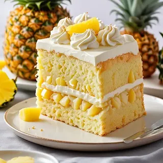 Pineapple Pastry slice on a plate, topped with whipped cream, pineapple chunks, and a maraschino cherry, showcasing its light and fluffy layers.