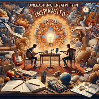 The image captures the essence of the blog titled 'Unleashing Creativity in Songwriting: Diverse Sources of Inspiration'. It symbolizes the varied sources that inspire songwriters, blending elements of personal experiences, collaboration, a range of musical genres, and the influence of art, cinema, literature, and social media. This visual representation serves as an ideal accompaniment to the blog, highlighting the multifaceted nature of songwriting inspiration.