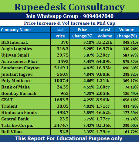 Price Increase & Vol Increase In Mid Cap