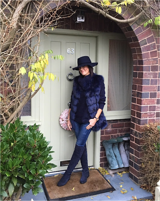 My Midlife Fashion, faux fur gilet, zara felt hat, great plains boucle roll neck, zara skinny jeans, clarks caddy belle over the knee boots