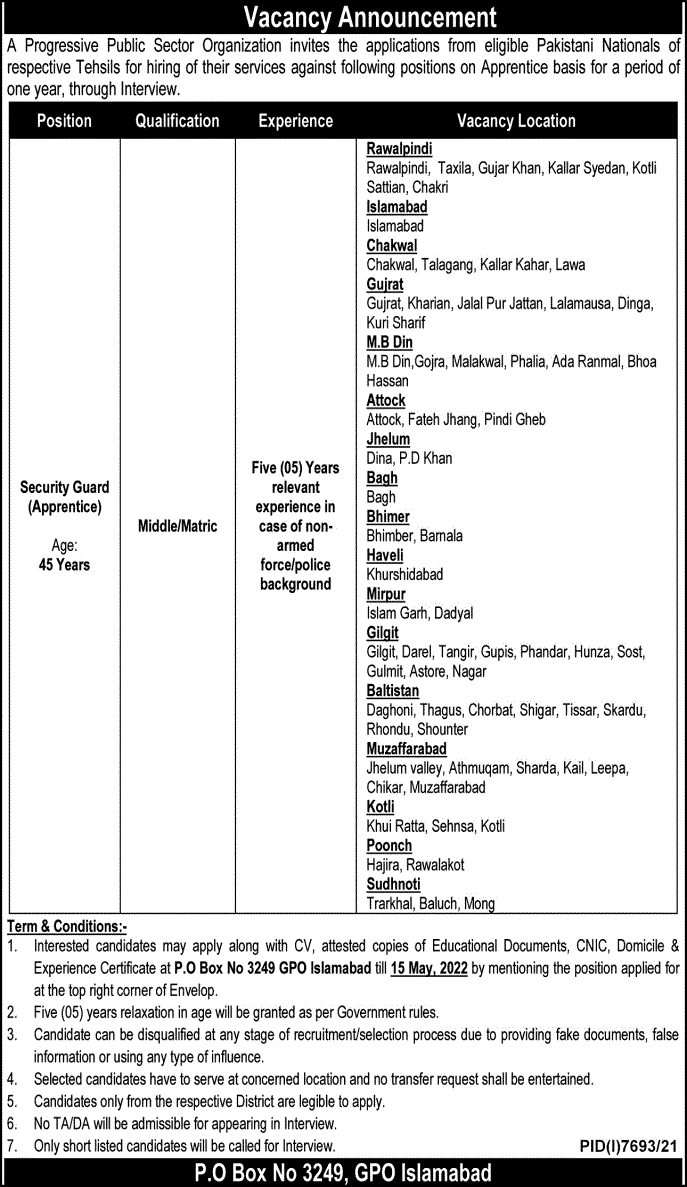 Latest Public Sector Organization Security Posts Rawalpindi 2022