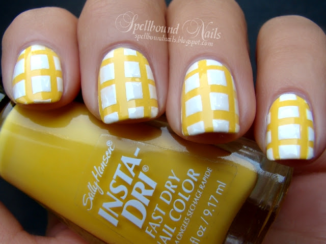 nails nailart nail art Spellbound mani manicure gingham checkers checkered yellow white blue Konad stamping stamp stamped stamper tape taping taped Coffee cup inspired inspiration obsession