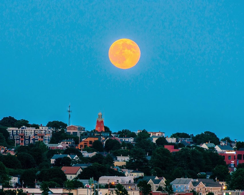 Portland, Maine Munjoy Hill Summer July 2014 Full Moon rising over Munjoy Hill across Back Cove photo by Corey Templeton