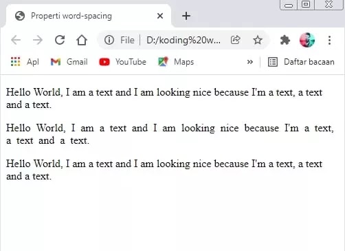 menggunakan properti word-spacing di css untuk teks