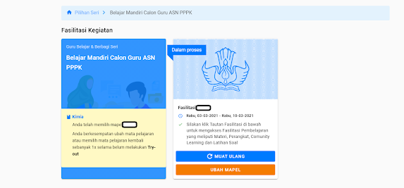 Setelah itu Anda telah memilih mapel yang linier. Anda berkesempatan ubah mata pelajaran atau memilih mata pelajaran kembali sebanyak 1x selama belum melakukan Try-out. Anda akan dijadwalkan mengikuti Try-Out setelah menyelesaikan semua Fasilitasi Pembelajaran.