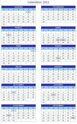 Calendário 2011 - Feriados Nacionais e Pontos facultativos