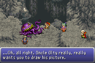 The party tricks Ultros into letting Relm, a party member in Final Fantasy VI, draw his portrait. Never let Relm draw your portrait!