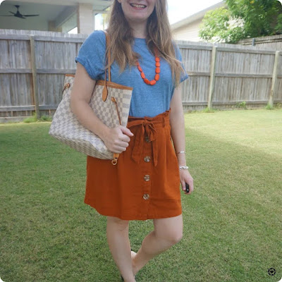 Away From Blue  Aussie Mum Style, Away From The Blue Jeans Rut: Kmart  Orange Linen With Blue Tees, Statement Necklaces, and LV Neverfull Tote