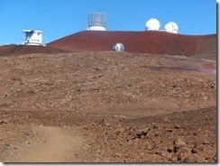 First sight of Mauna Kea observatory buildings from Humuula trail