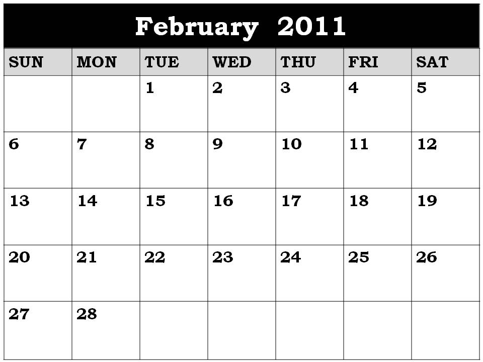 blank 2011 monthly calendar printable. Free February lank monthly