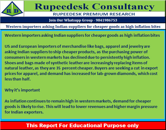 Western importers asking Indian suppliers for cheaper goods as high inflation bites - Rupeedesk Reports - 15.09.2022