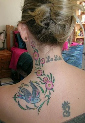 Japanese Bird and Flower Tattoo Design on Back Girl
