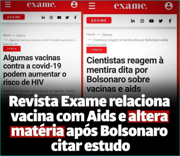 Revista Exame relaciona vacina com Aids e altera matéria após Bolsonaro citar estudo