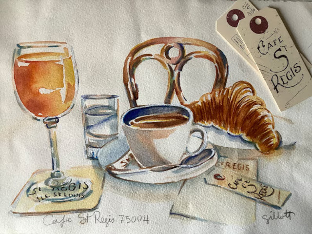 Watercolor illustration of breakfast at Paris cafe