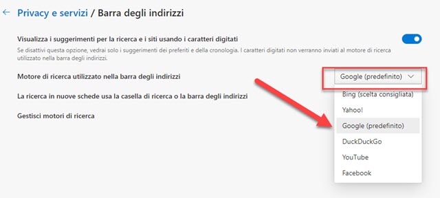 google motore predefinito su edge
