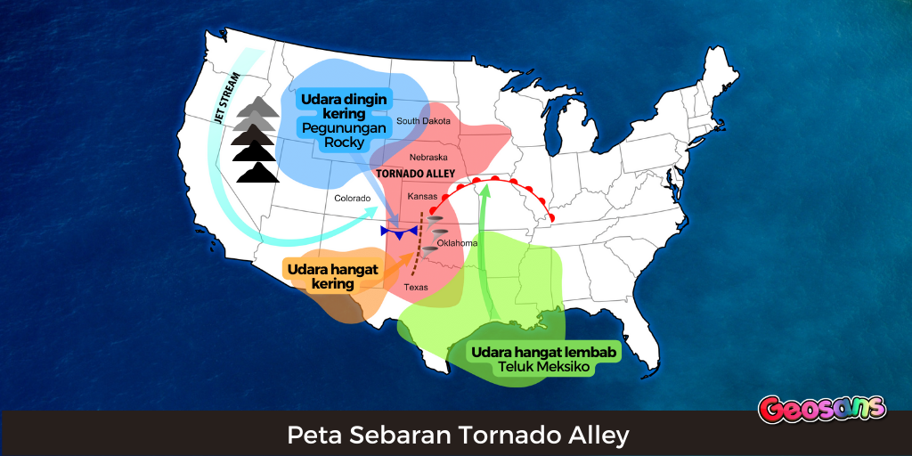 Peta Sebaran Tornado Alley, Arah Angin, dan Pegunungan Rocky Mountain di Amerika Serikat