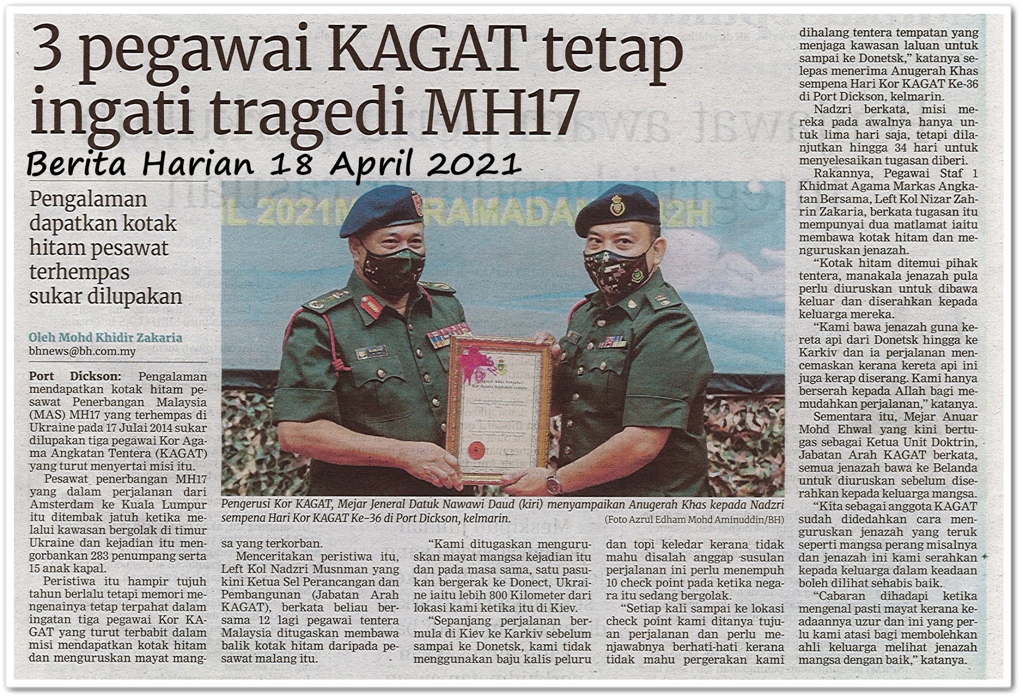 3 pegawai KAGAT tetap ingati tragedi MH17 - Keratan akhbar Berita Harian 18 April 2021