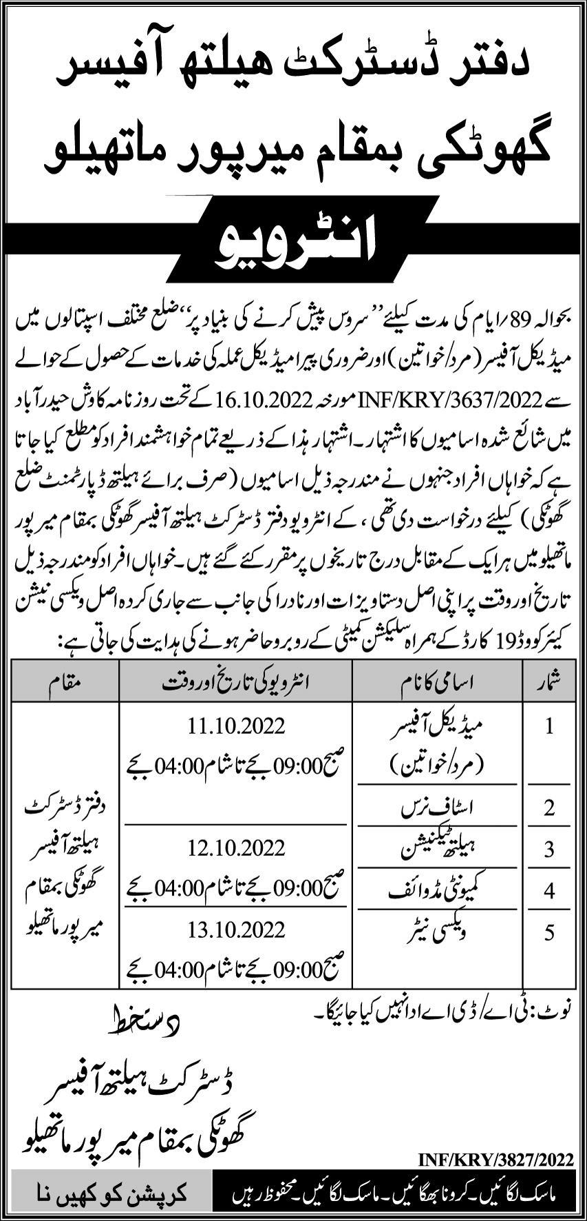 District Health Officer DHO Ghotki Jobs Interview 2022