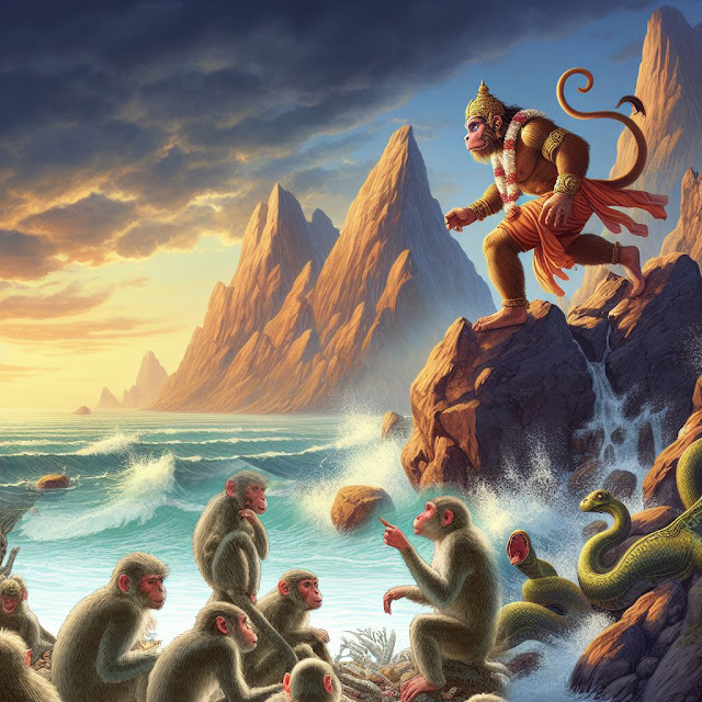 Hanuman about to jump from Mahendra mountain