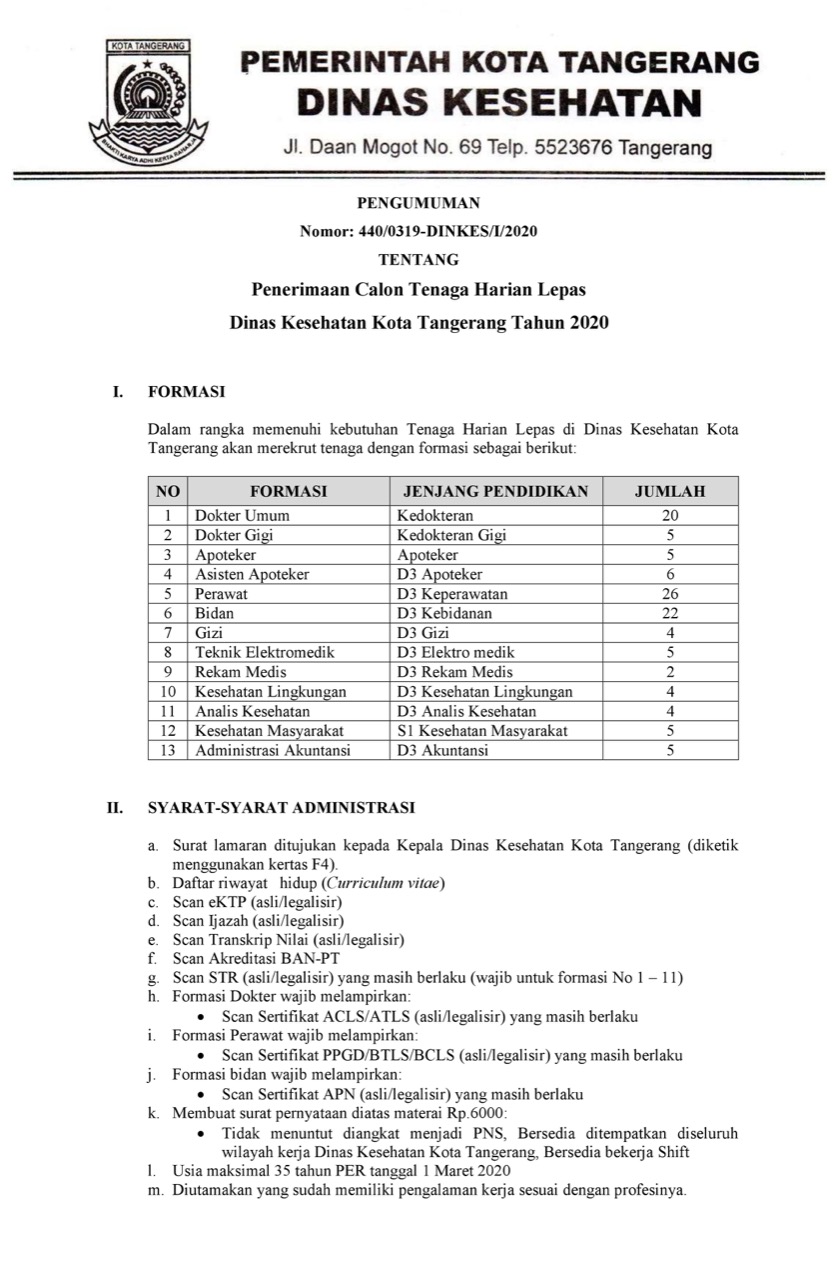 Lowongan Kerja Non Pns Dinas Kesehatan Kota Tangerang Tahun 2020 Rekrutmen Lowongan Kerja Bulan Juli 2021