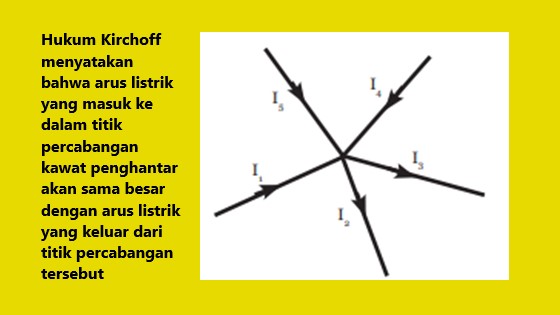 hukum I kirchoff menjelaskan tentang arus listrik yang masuk pada titik percabangan akan sama dengan arus listrik yang keluar dari titik percabangan