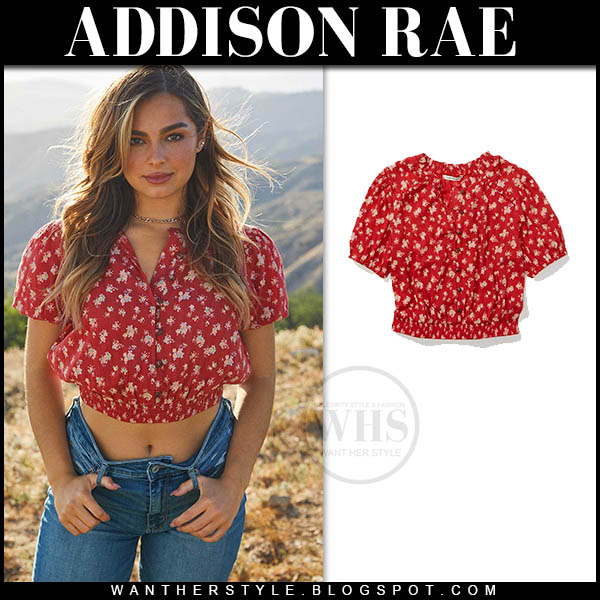 Addison Rae in red cropped blouse and jeans