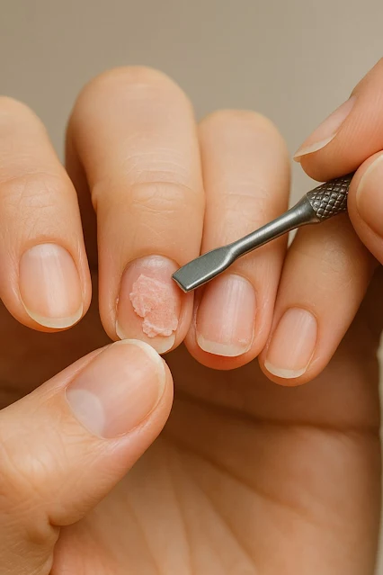 Woman's hands shown as Step 6: Push Off the Shellac