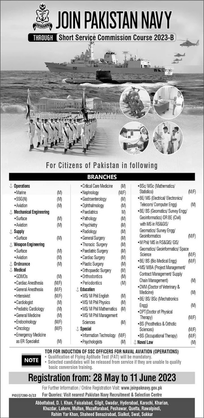 Latest Join Pak Navy through Short Service Commission SSC Course B-2023