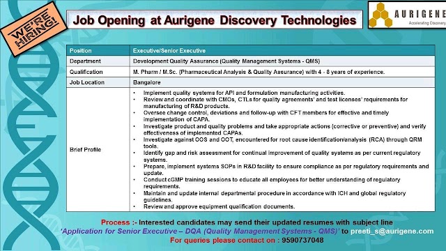 Aurigene | Openings for Quality assurance at Bangalore | Send CV