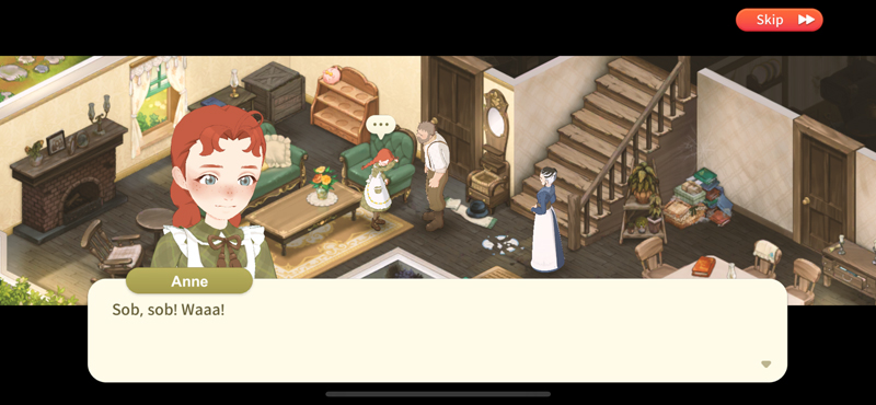 Screenshot from the Oh My Anne Mobile Game showing Anne Shirley getting upset and sobbing