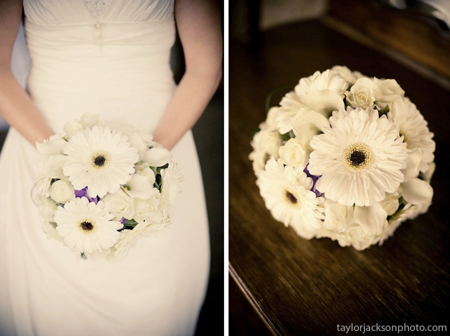 blue gerber daisy and white rose wedding bouquets