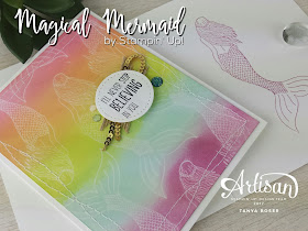 Ghosting technique on Glossy Cardstock, and it's a rainbow! With Mermaids. Simple and fun. What more could you ask for?! Magical Mermaid by Stampin' Up- Tanya Boser-Stampin' Up! demonstrator tinkerin-in-ink.blogspot.com