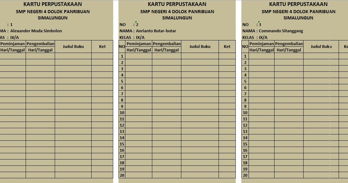Contoh Format Kartu Peminjaman Buku Perpustakaan Sekolah 