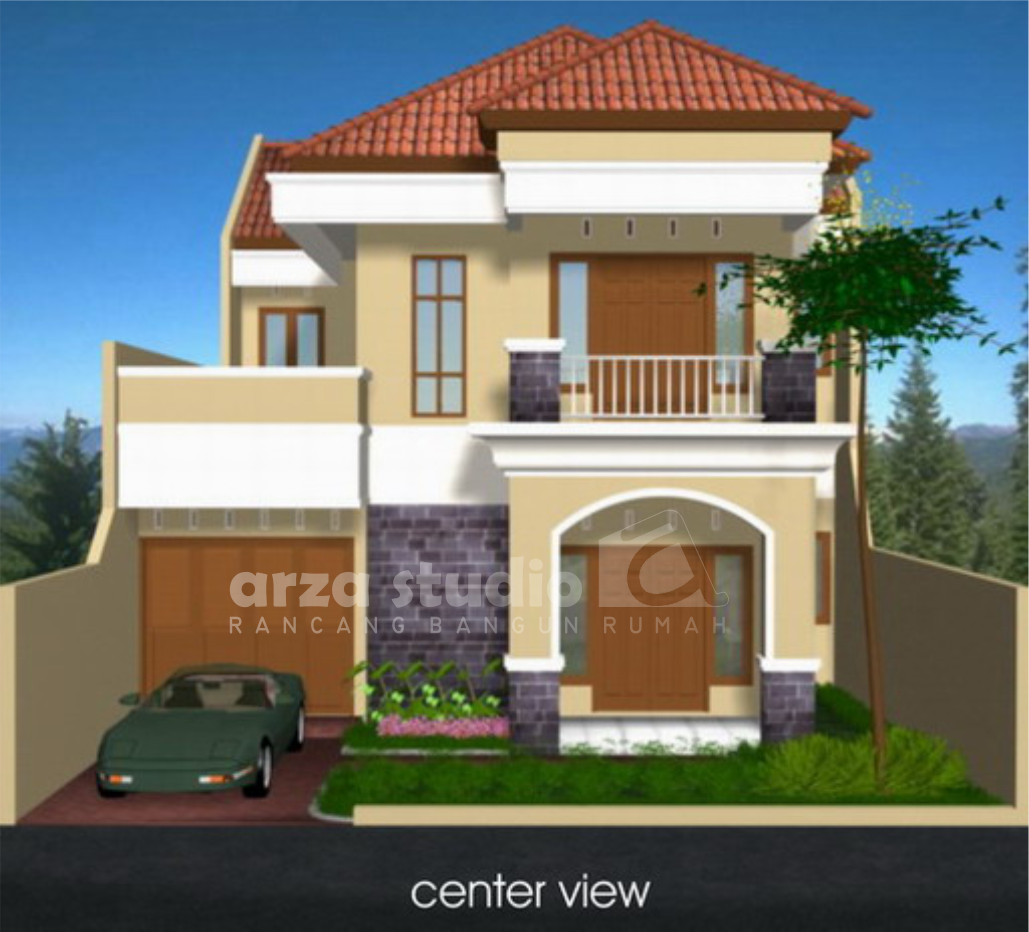 Desain Rumah Tropis Mediterania Dua Lantai Muka 9m