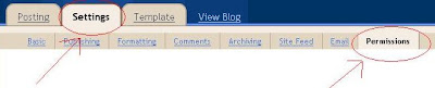 Blogger settings permission tabs