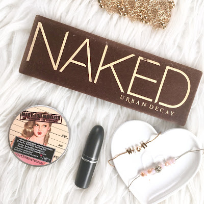 Urban Decay Naked Palette, The Balm Mary Lou-Manizer, Mac Red Rock Matte Lipstick